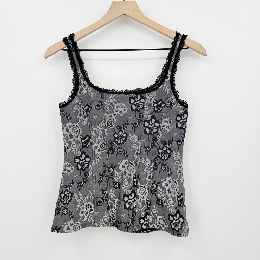 White House Black Market Floral Lace Trim Corset Top M Coquette Soft Goth Y2k